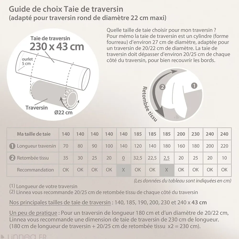 Linnea Taie de traversin uni 230X43 cm coton ALTO Alu* Taie D'Oreiller