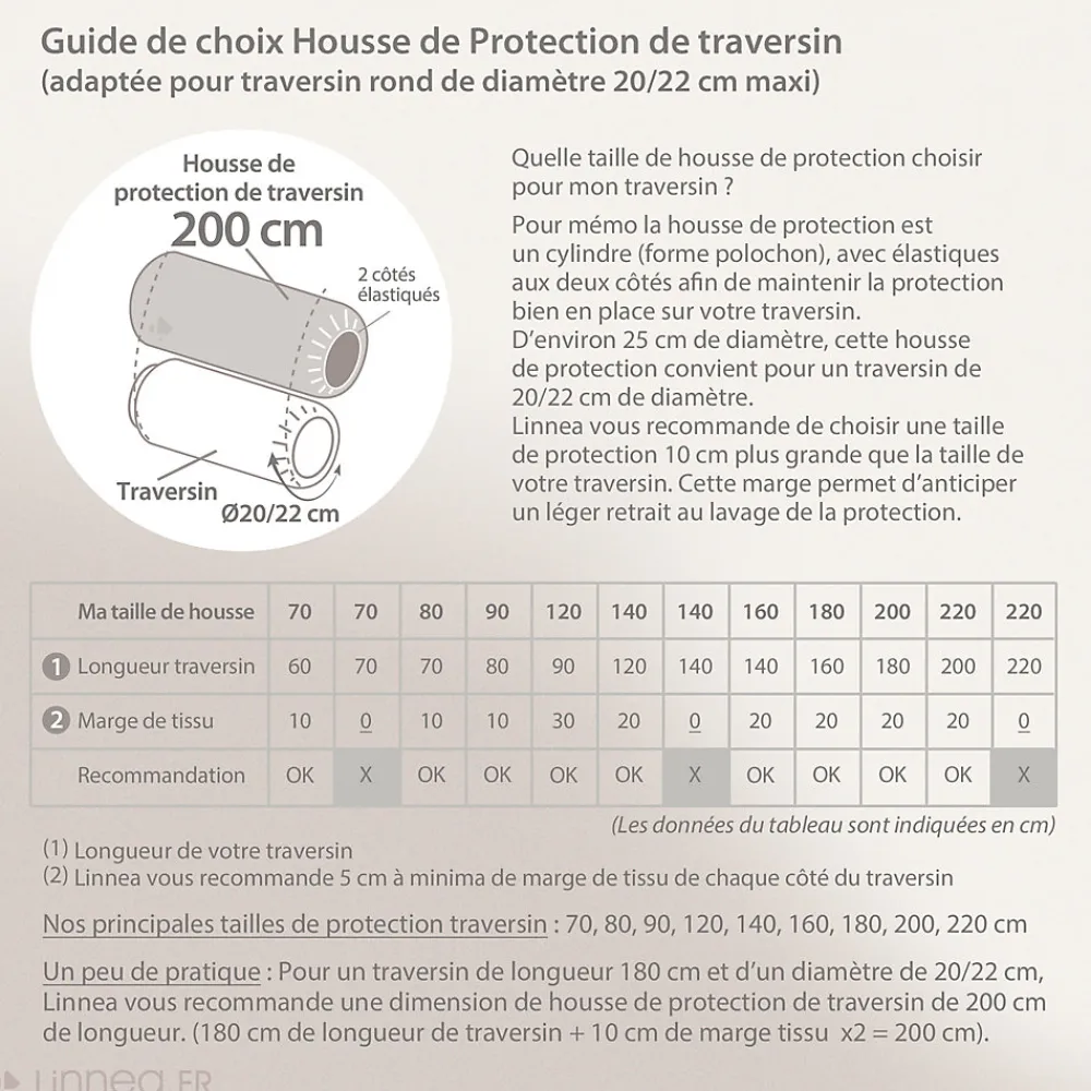 Taie de traversin 200x43 cm en coton PÉNÉLOPE beige Silice>Linnea Discount