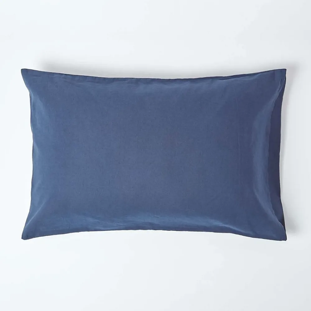 Homescapes Taie d'oreiller bleu marine en lin lavé, 50x90 cm -* Taie D'Oreiller