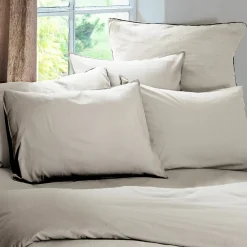 Taie d'oreiller PALACE pur coton lavé 50x70 cm uni beige nacre><noscript><img width=
