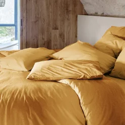 Linnea Taie d'oreiller PALACE pur coton lavé 50x70 cm uni jaune curry* Taie D'Oreiller