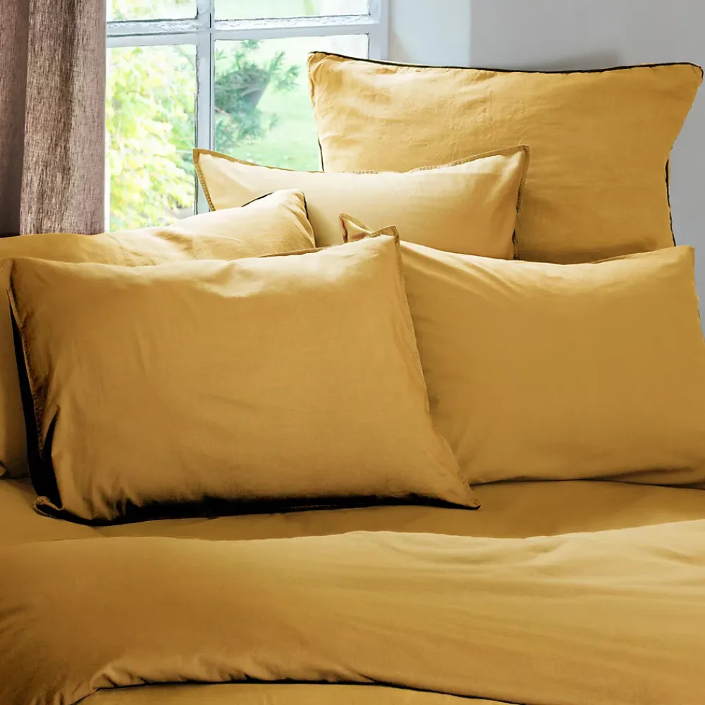 Linnea Taie d'oreiller PALACE pur coton lavé 50x70 cm uni jaune curry* Taie D'Oreiller