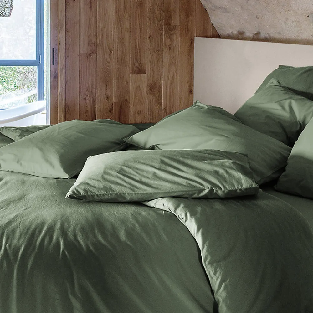 Taie d'oreiller PALACE pur coton lavé 65x65 cm uni vert mousse>Linnea Clearance