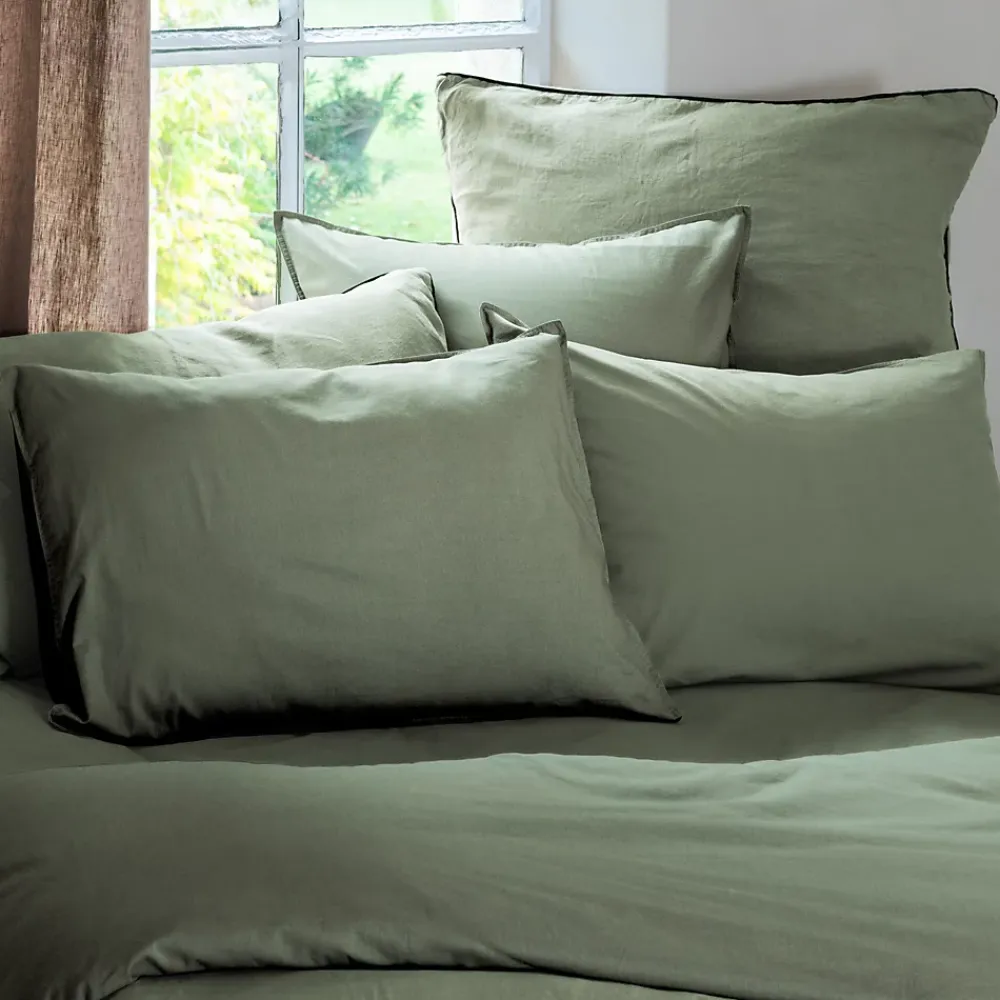 Linnea Taie d'oreiller PALACE pur coton lavé 50x70 cm uni vert mousse* Taie D'Oreiller