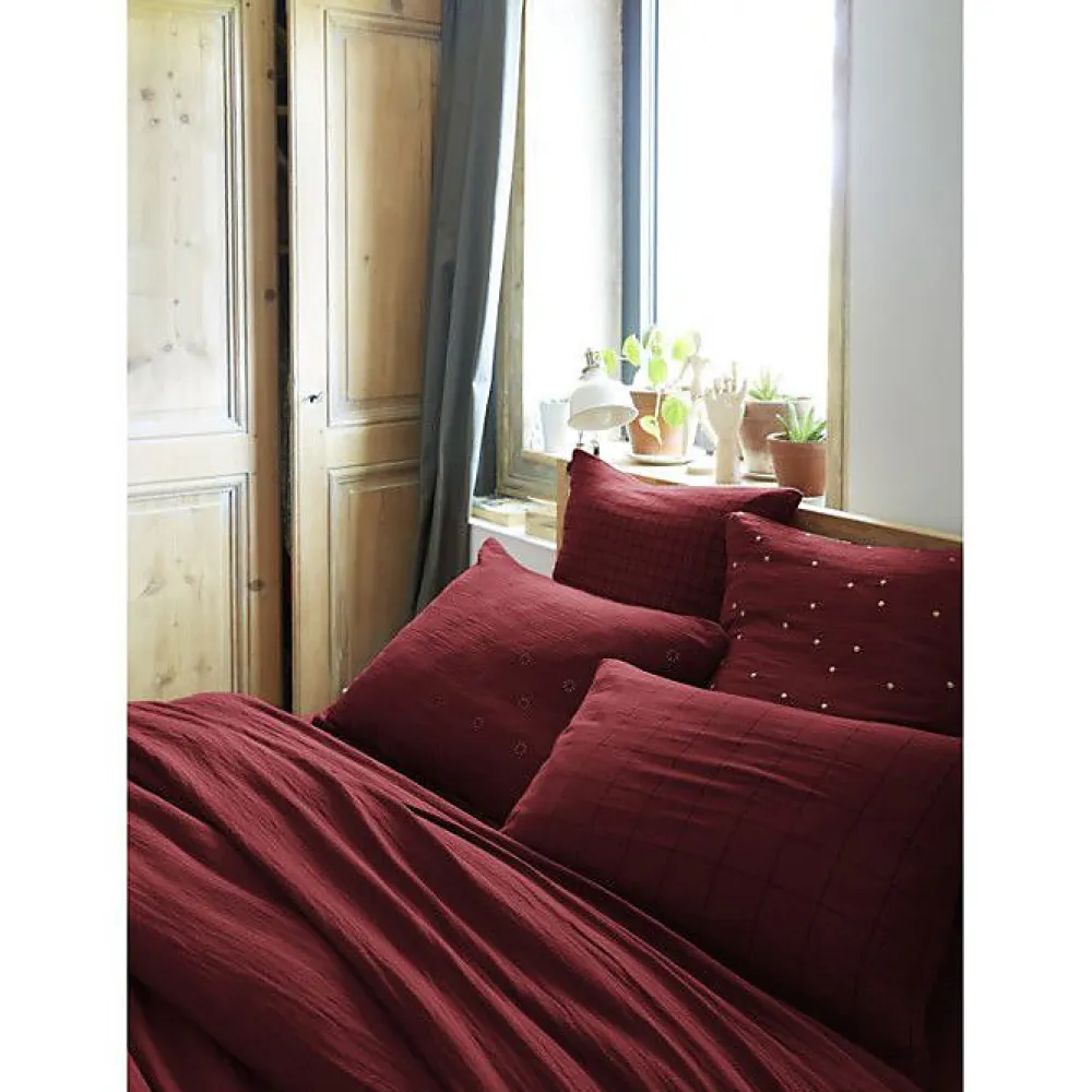 Taie d'oreiller Tissé-teint grands carreaux Déco "Gaïa Match" 60 x 60 cm & 50 x 70 cm "Gaze de Coton" - Gaïa Match Lie de vin - 50>L'Effet Papillon Online