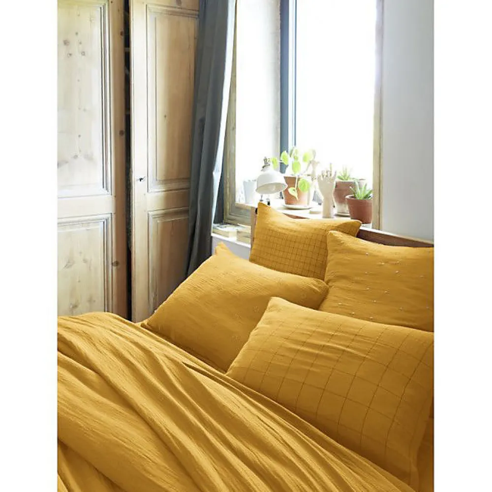 Taie d'oreiller Tissé-teint grands carreaux Déco "Gaïa Match" 60 x 60 cm & 50 x 70 cm "Gaze de Coton" - Gaïa Match Safran - 50 x 7>L'Effet Papillon Online