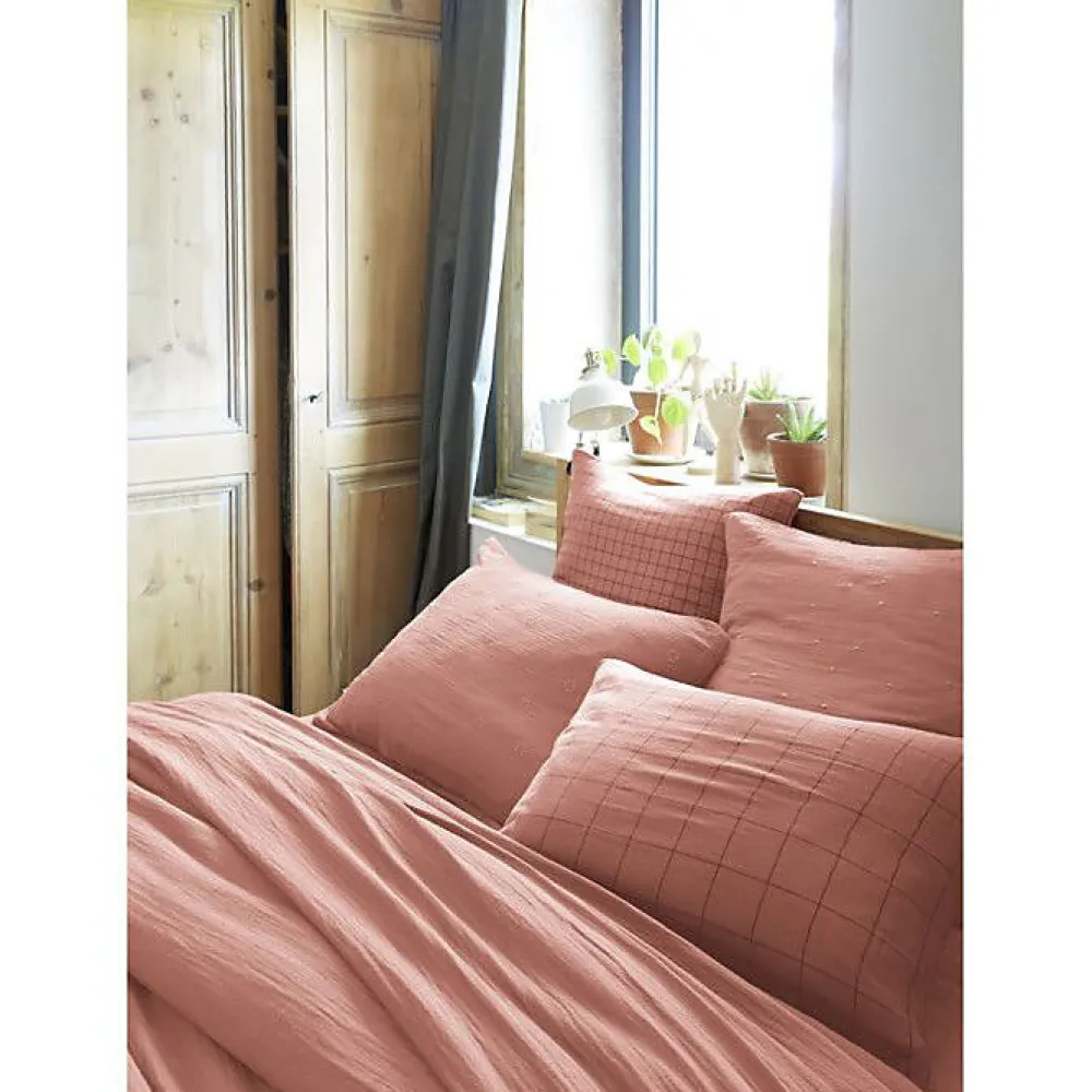 Taie d'oreiller Tissé-teint petits carreaux Déco "Gaïa Mix" 60 x 60 cm & 50 x 70 cm "Gaze de Coton" - Gaïa Mix Rose Pêche - 60 x 6>L'Effet Papillon Outlet