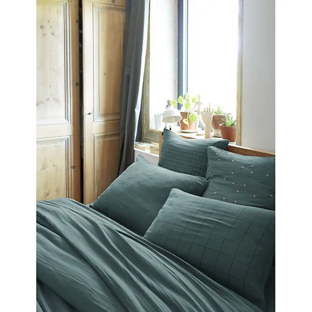 Taie d'oreiller Tissé-teint grands carreaux Déco "Gaïa Match" 60 x 60 cm & 50 x 70 cm "Gaze de Coton" - Gaïa Match Canard - 50 x 7>L'Effet Papillon Outlet