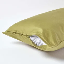 Homescapes Taie d'oreiller vert olive en satin de coton égyptien 1000 fils, 40x80 cm -* Taie D'Oreiller