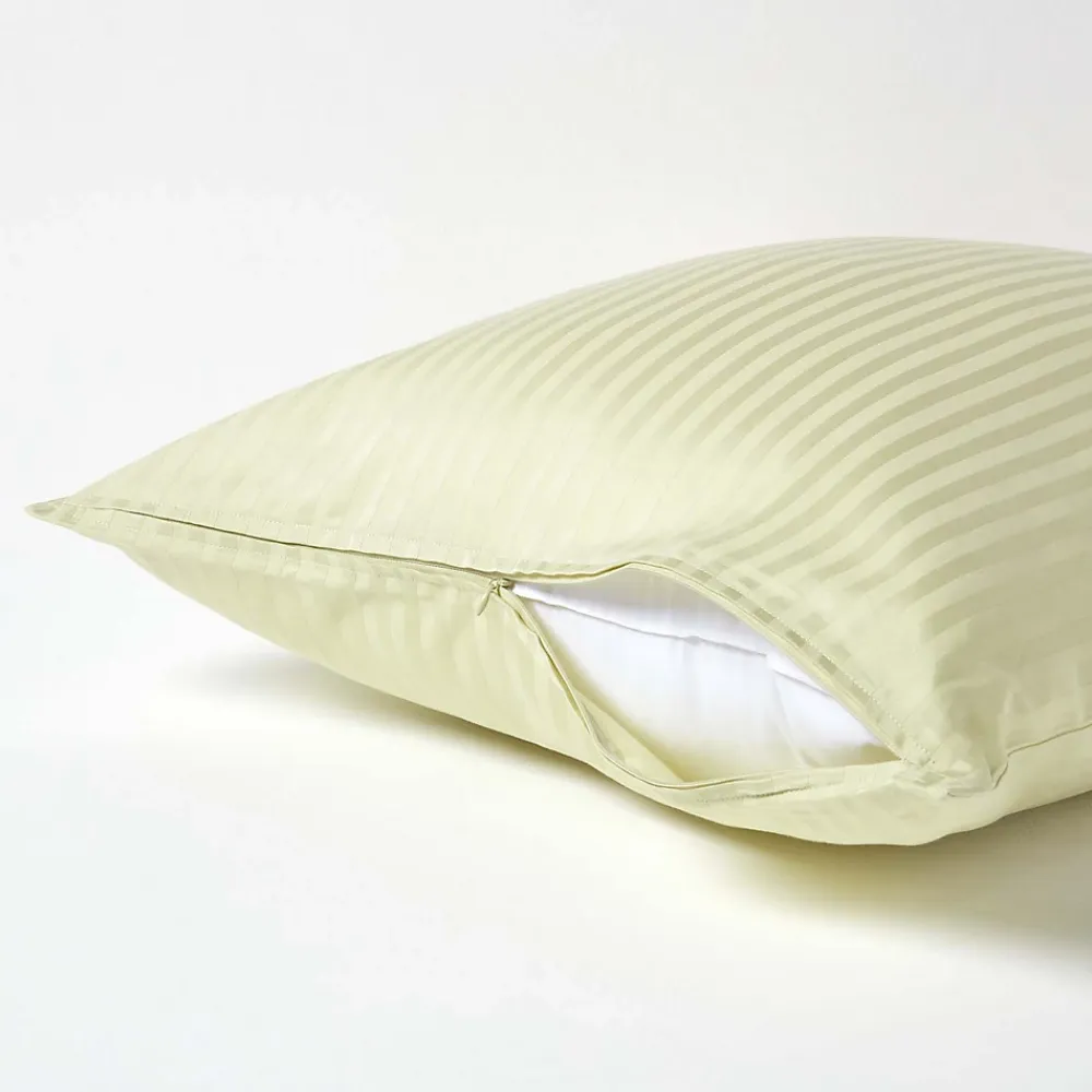 Homescapes Taie d'oreiller vert sauge satin rayé en coton égyptien 330 fils, 60x60 cm -* Taie D'Oreiller