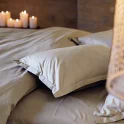 Taie d'oreiller volants plats 50x70 cm percale MANOIR beige Lin><noscript><img width=