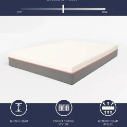 Matelas 90x190 en Mousse à Mémoire Breeze et Ressorts Ensachés, Hauteur 30 cm><noscript><img width=