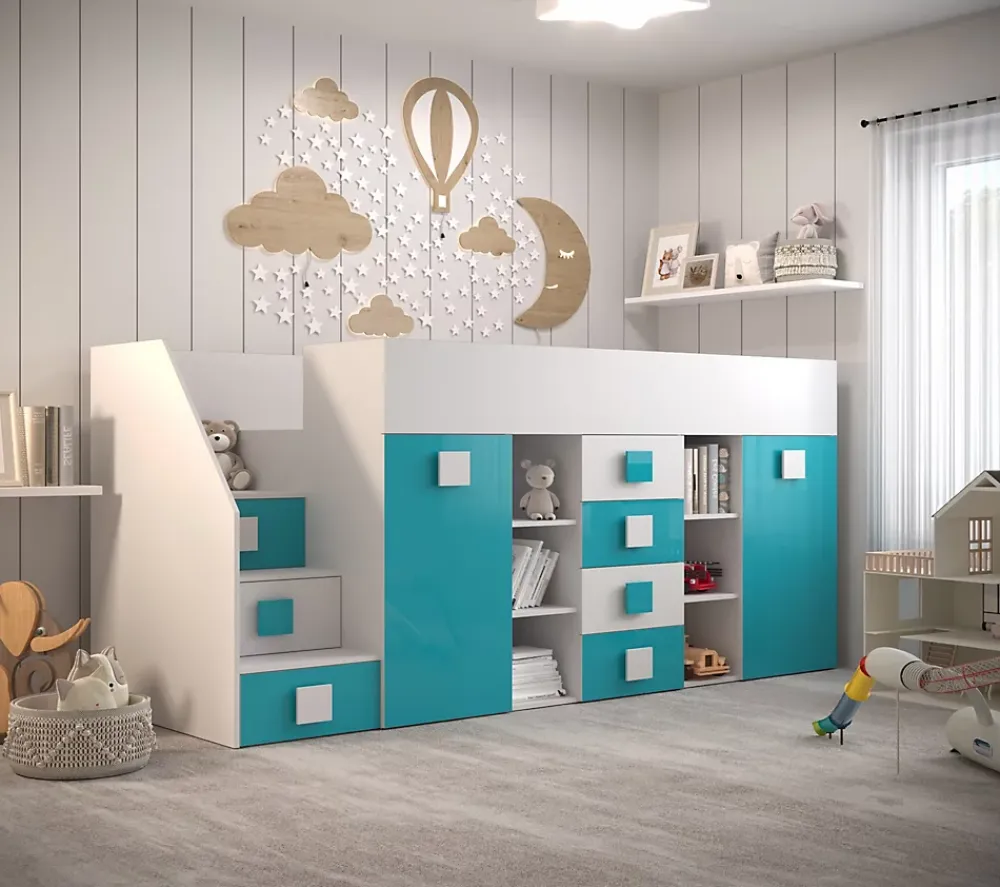 Abiks Meble TOLEDO 3L Lit superposé 248,5/123/93 (blanc/turquoise)*Enfant Lit Enfant