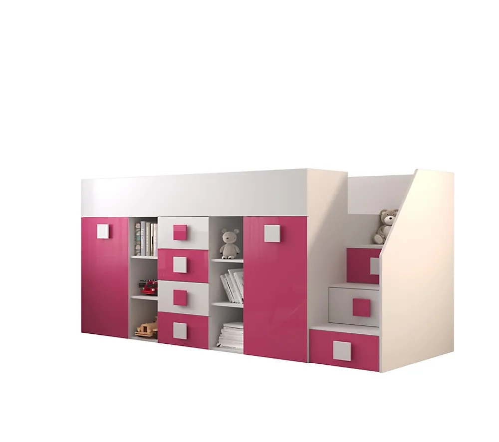 Abiks Meble TOLEDO 3P Lit superposé 248,5/123/93 (blanc/rose)*Enfant Lit Enfant