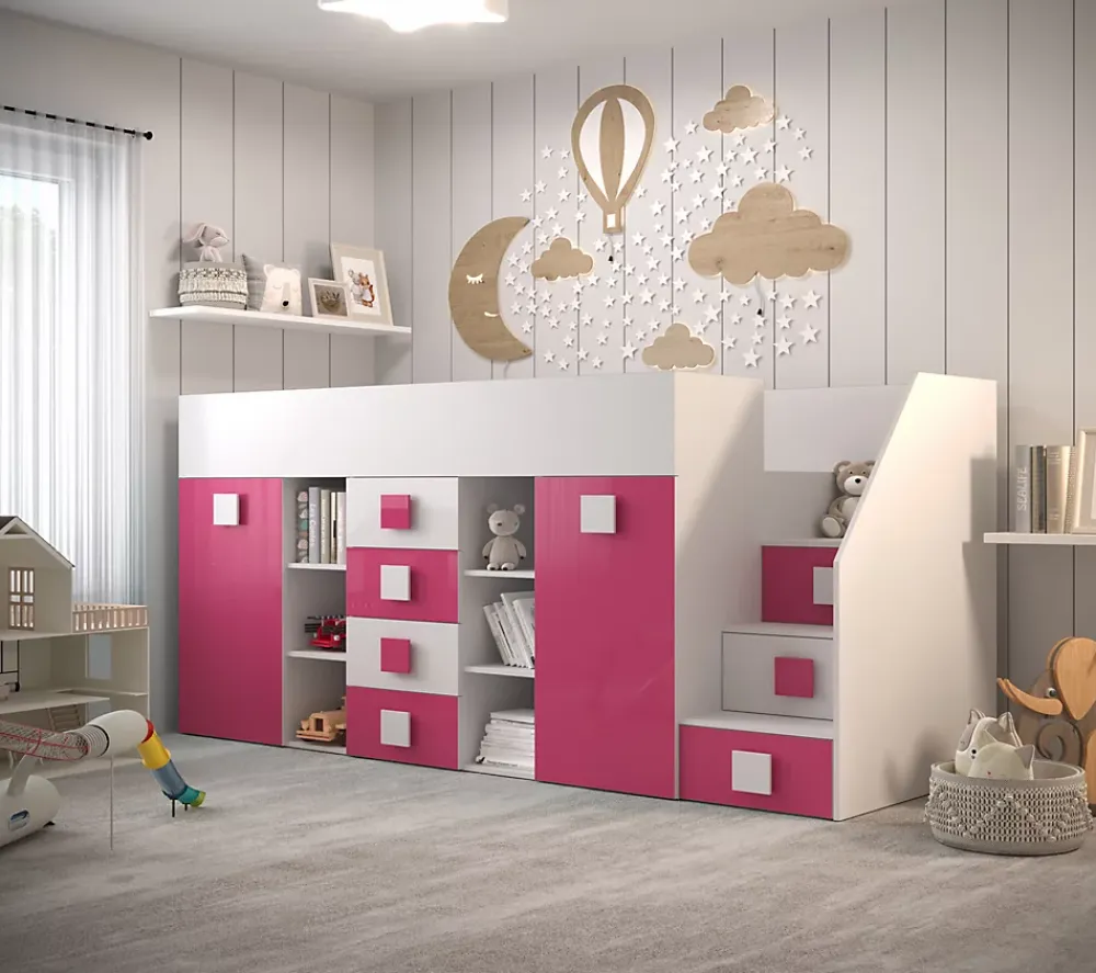 Abiks Meble TOLEDO 3P Lit superposé 248,5/123/93 (blanc/rose)*Enfant Lit Enfant