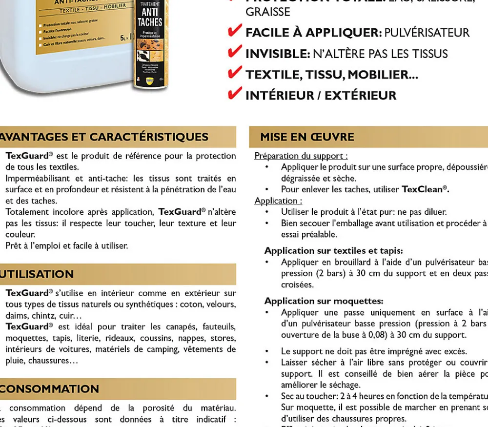 Traitement anti taches tissus ou cuir TEXGUARD 2L (+ Bouchon Pulvérisateur offert) traite 40m²>Guard Industrie New