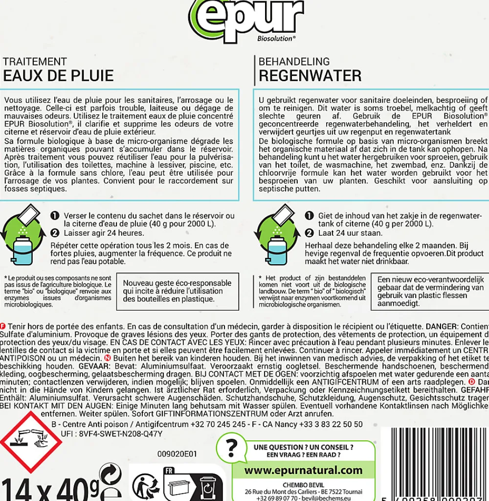 Epur Traitement des eaux de pluie citernes & récupérateurs d'eau 14 sachets* Déboucheur