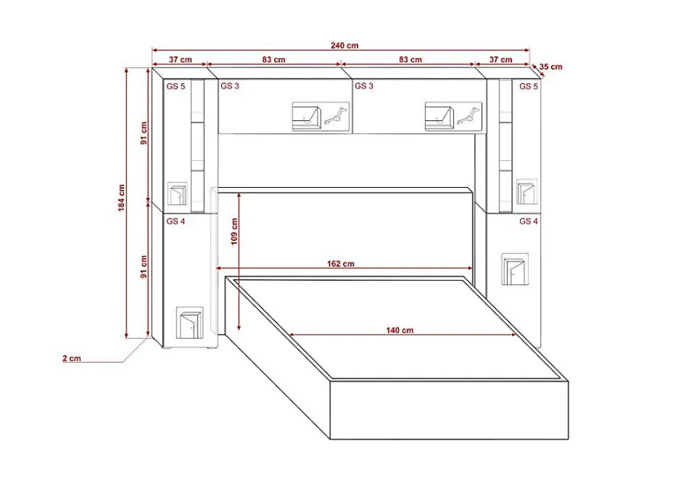 Tête de lit avec rangement Armoire - pont de lit PANAMA 8/21W/HG2-1B blanc/blanc brillant 240x184x35cm>Azura Home Design Outlet