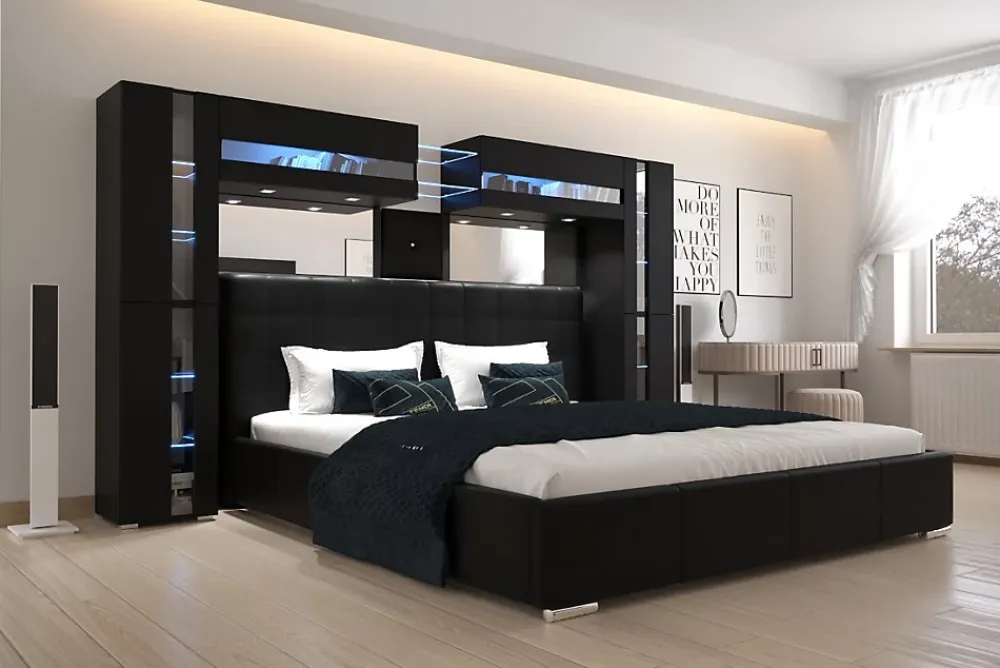 Azura Home Design Tête de lit avec rangement Armoire - pont de lit PANAMA 14/HG/B/1-1C noir/noir brillant 290x184x35cm* Tête De Lit