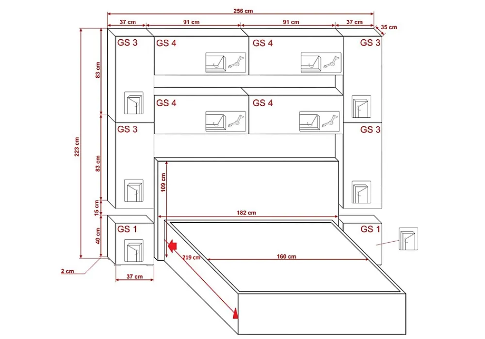 Azura Home Design Tête de lit avec rangement Armoire - pont de lit PANAMA 4/HG/W/2-1A blanc/blanc brillant 256x223x35cm* Tête De Lit
