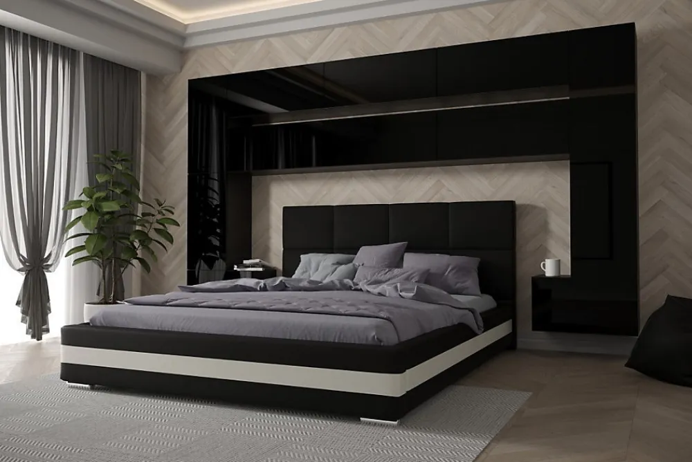 Tête de lit avec rangement Armoire - pont de lit PANAMA 7/HG/B/1-1A noir/noir brillant 323x213x35cm>Azura Home Design