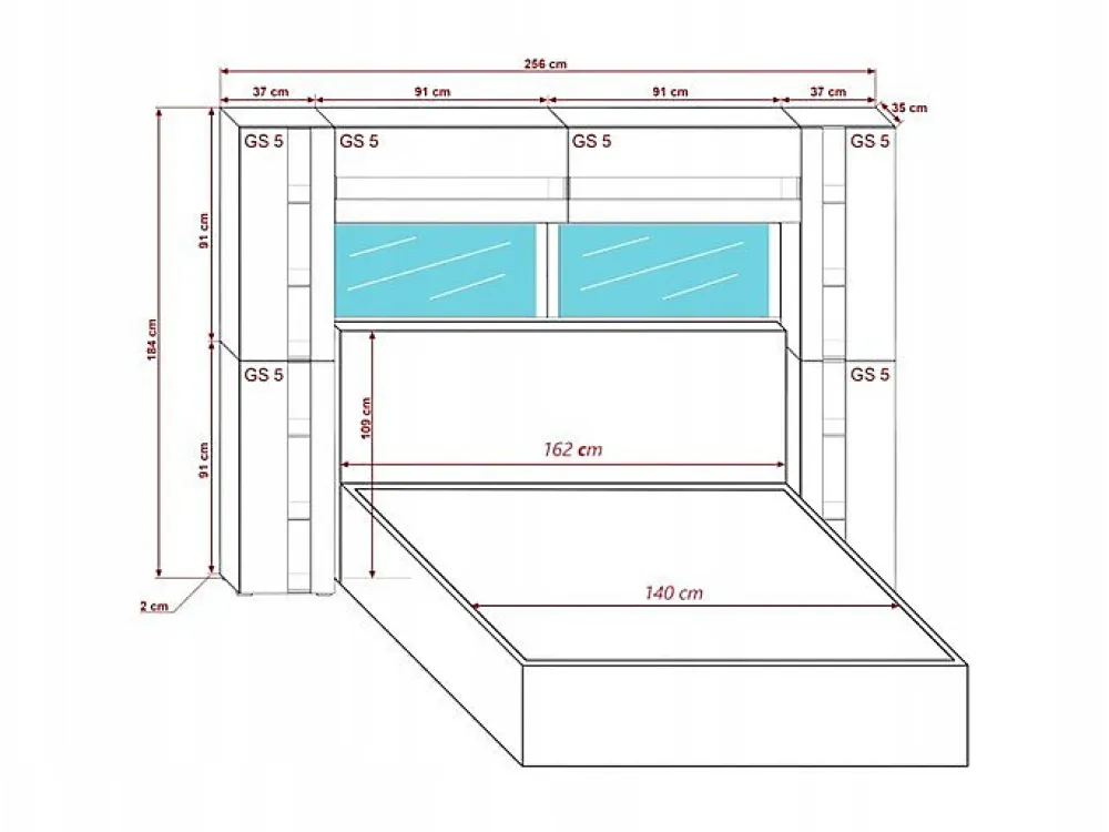 Tête de lit avec rangement Armoire - pont de lit PANAMA 14/M/S/5-1A chêne sonoma 256x184x35cm>Azura Home Design