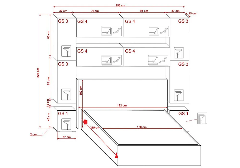 Tête de lit avec rangement Armoire - pont de lit PANAMA 4/M/W/3-1A blanc 256x223x35cm>Azura Home Design Discount