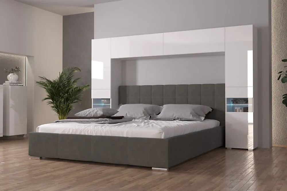 Tête de lit avec rangement Armoire - pont de lit PANAMA 12HG/W/2-1B blanc/blanc brillant 240x184x35cm>Azura Home Design Sale