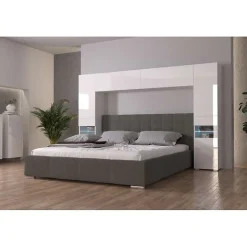 Tête de lit avec rangement Armoire - pont de lit PANAMA 12HG/W/2-1B blanc/blanc brillant 240x184x35cm><noscript><img width=