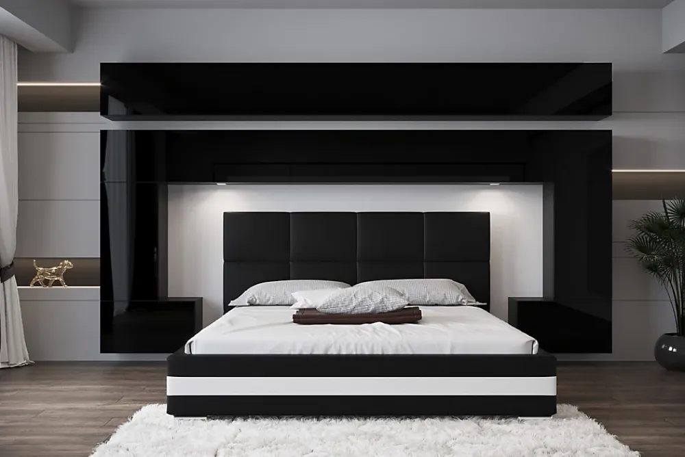Azura Home Design Tête de lit avec rangement Armoire - pont de lit PANAMA 5/HG/B/1-1A noir/noir brillant 323x214x35cm* Tête De Lit