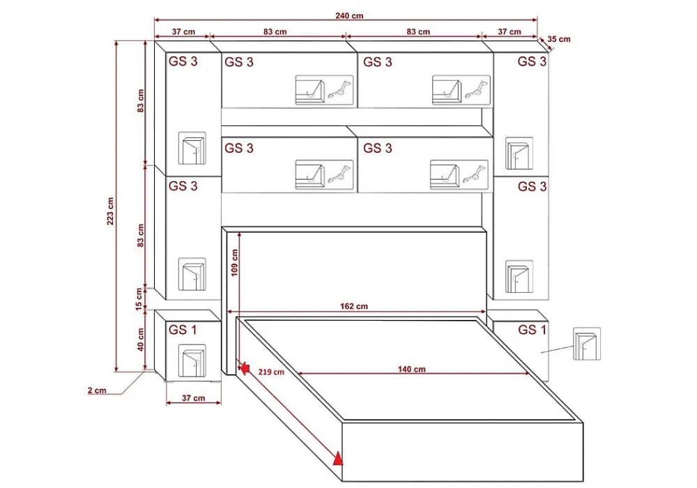 Azura Home Design Tête de lit avec rangement Armoire - pont de lit PANAMA 4/HG/W/2-1B blanc/blanc brillant 240x223x35cm* Tête De Lit