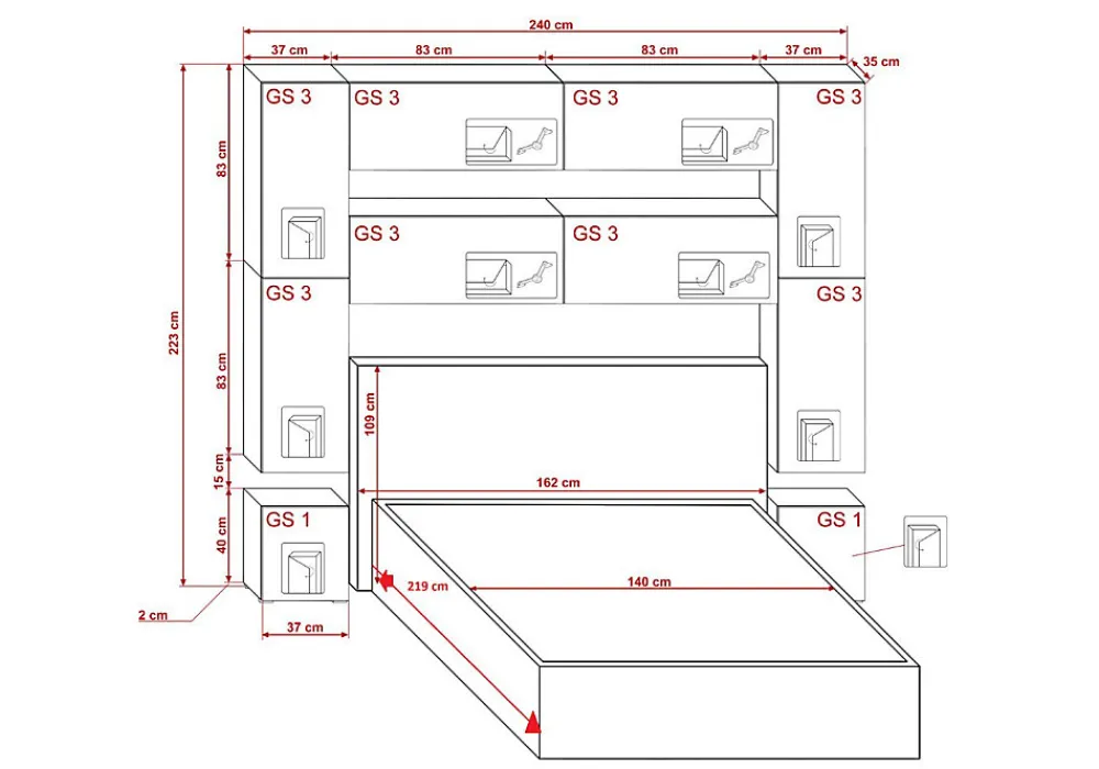 Tête de lit avec rangement Armoire - pont de lit PANAMA 4/M/W/3-1B blanc 240x223x35cm>Azura Home Design Online
