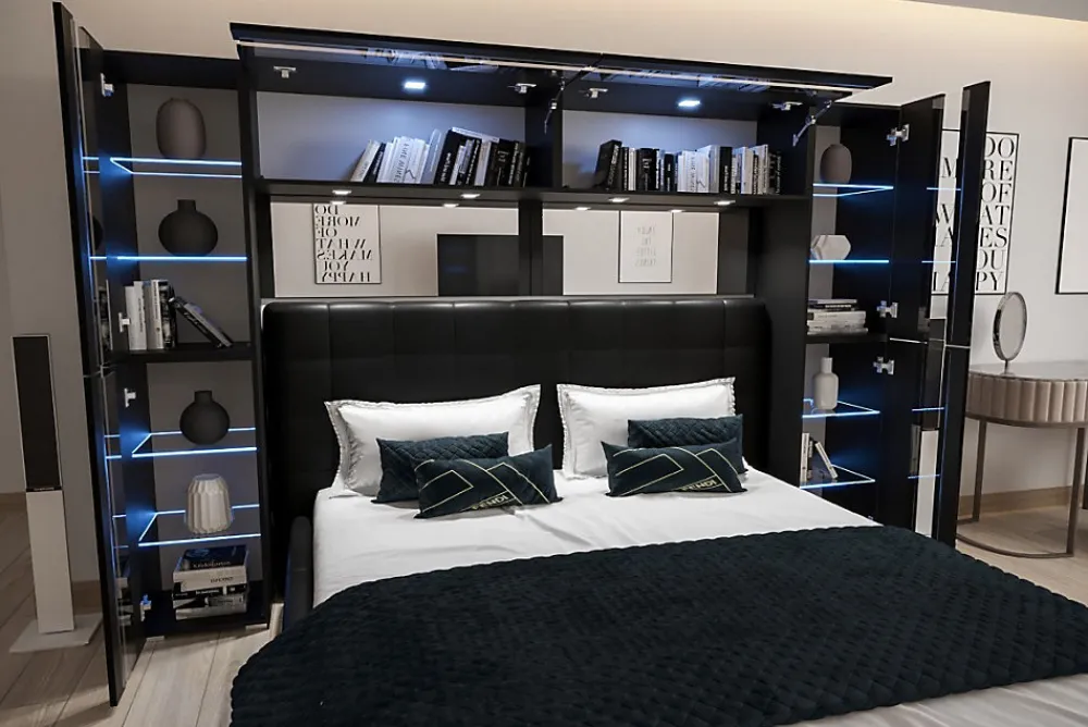 Tête de lit avec rangement Armoire - pont de lit PANAMA 14-HG-B-1-1A noir/noir brillant 256x184x35cm>Azura Home Design New