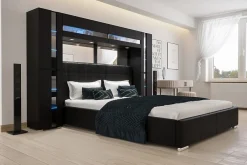 Tête de lit avec rangement Armoire - pont de lit PANAMA 14-HG-B-1-1A noir/noir brillant 256x184x35cm><noscript><img width=