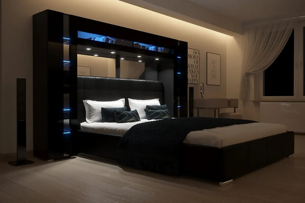 Tête de lit avec rangement Armoire - pont de lit PANAMA 14-HG-B-1-1A noir/noir brillant 256x184x35cm>Azura Home Design New