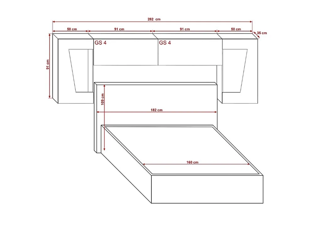Azura Home Design Tête de lit avec rangement Armoire - pont de lit PANAMA 9/HG/W/1-1A blanc/blanc brillant 282x91x35cm* Tête De Lit