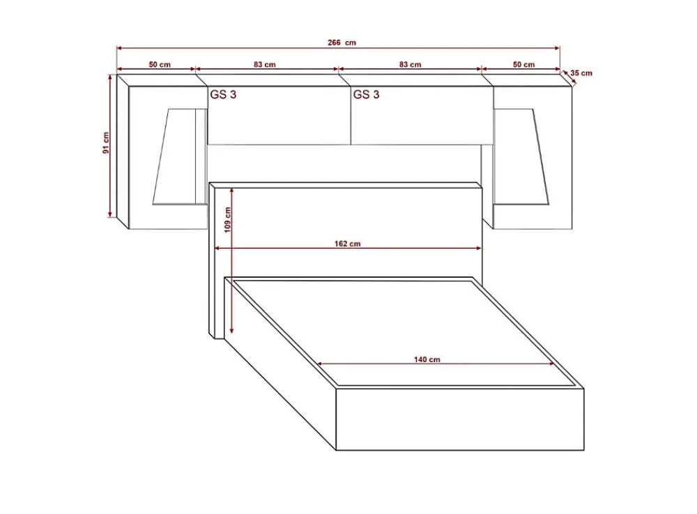 Azura Home Design Tête de lit avec rangement Armoire - pont de lit PANAMA 10HG/W/2-1B blanc/blanc brillant 266x91x35cm* Tête De Lit
