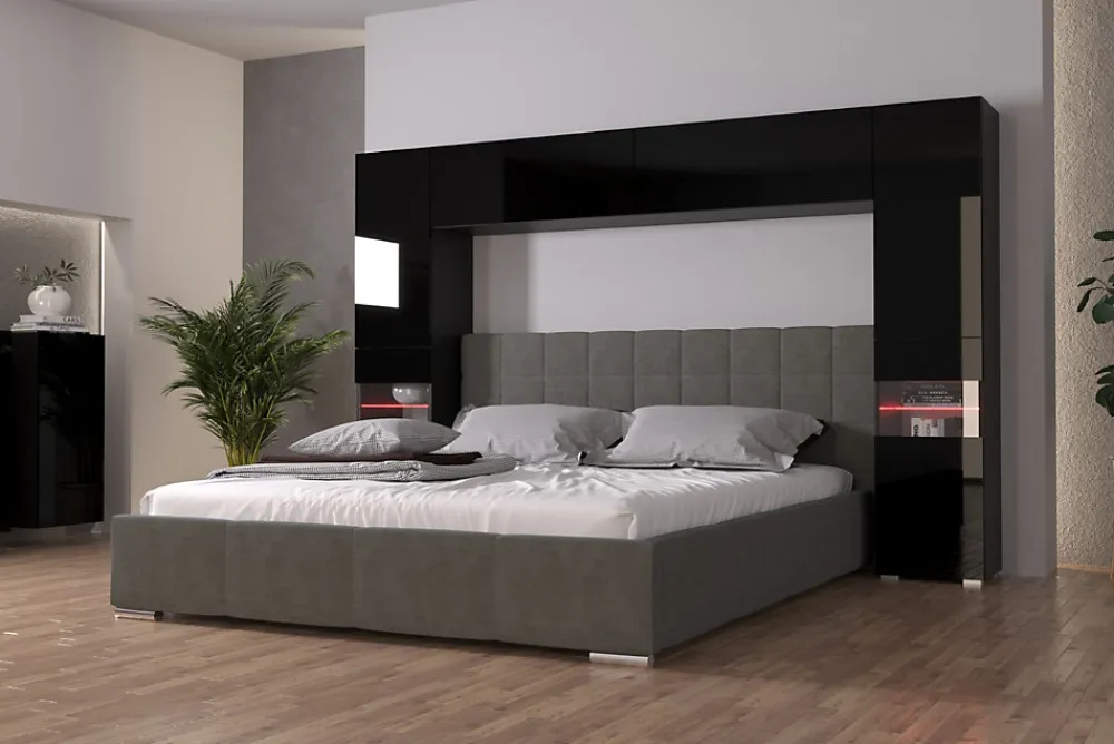 Tête de lit avec rangement Armoire - pont de lit PANAMA 12/HG/B/1-1B noir/noir brillant 240x184x35cm>Azura Home Design Hot