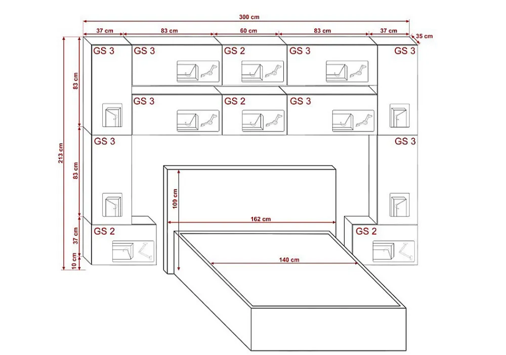 Tête de lit avec rangement Armoire - pont de lit PANAMA 7/M/W/4-1C blanc mat 300x213x35cm>Azura Home Design Online