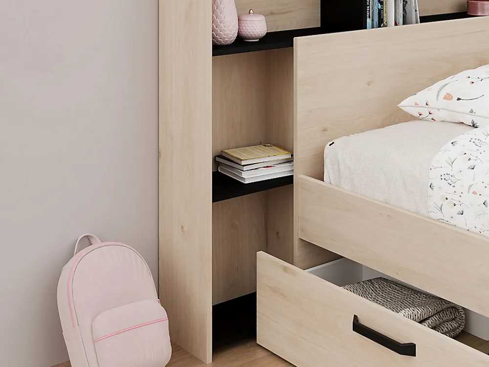 Tête de lit avec rangements 140 cm - Coloris : Naturel et noir - KINSELIA>Vente-unique New