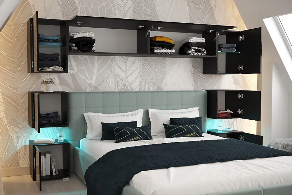 Tête de lit avec rangement Armoire - pont de lit PANAMA 13/HG/B/1-1B noir/noir brillant 240x182x35cm>Azura Home Design Online