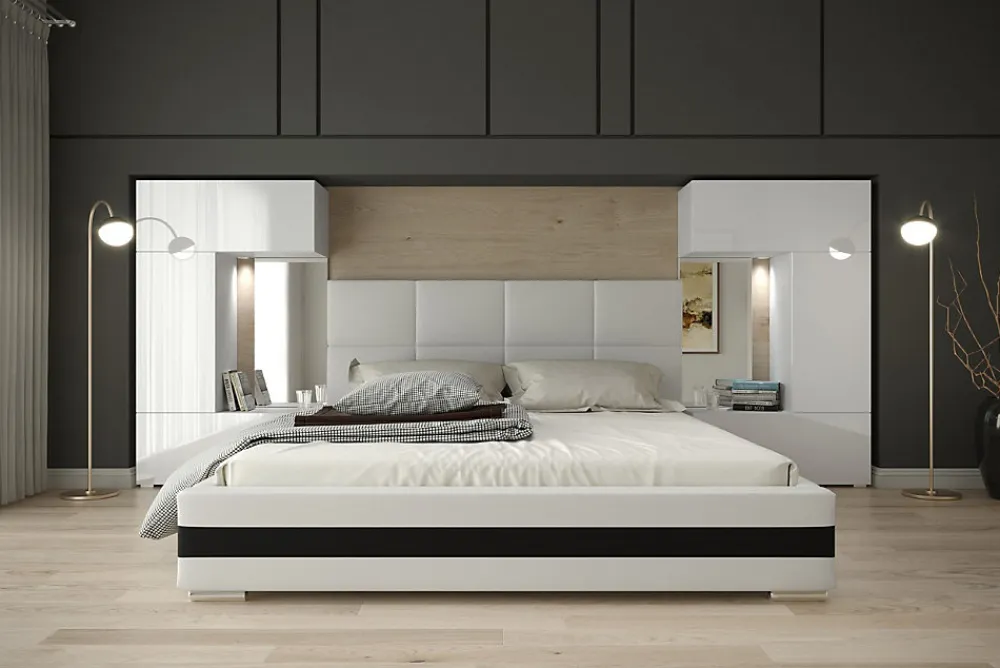Tête de lit avec rangement Armoire - pont de lit PANAMA 1/21W/HG2 blanc/blanc brillant 345-385x159cm>Azura Home Design