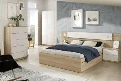 Pegane Tête de lit en mélamine avec 2 chevets coloris chêne canadian blanc artik - Hauteur 95 x Longueur 247 cm x Profondeur 38 cm* Tête De Lit