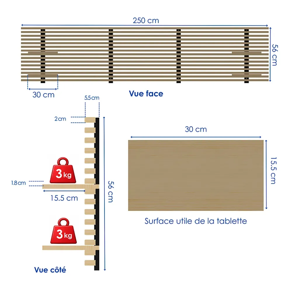 Wood&Sens Tête de lit en pin avec étagères, L.250 x H.56 cm x P.21 cm* Tête De Lit