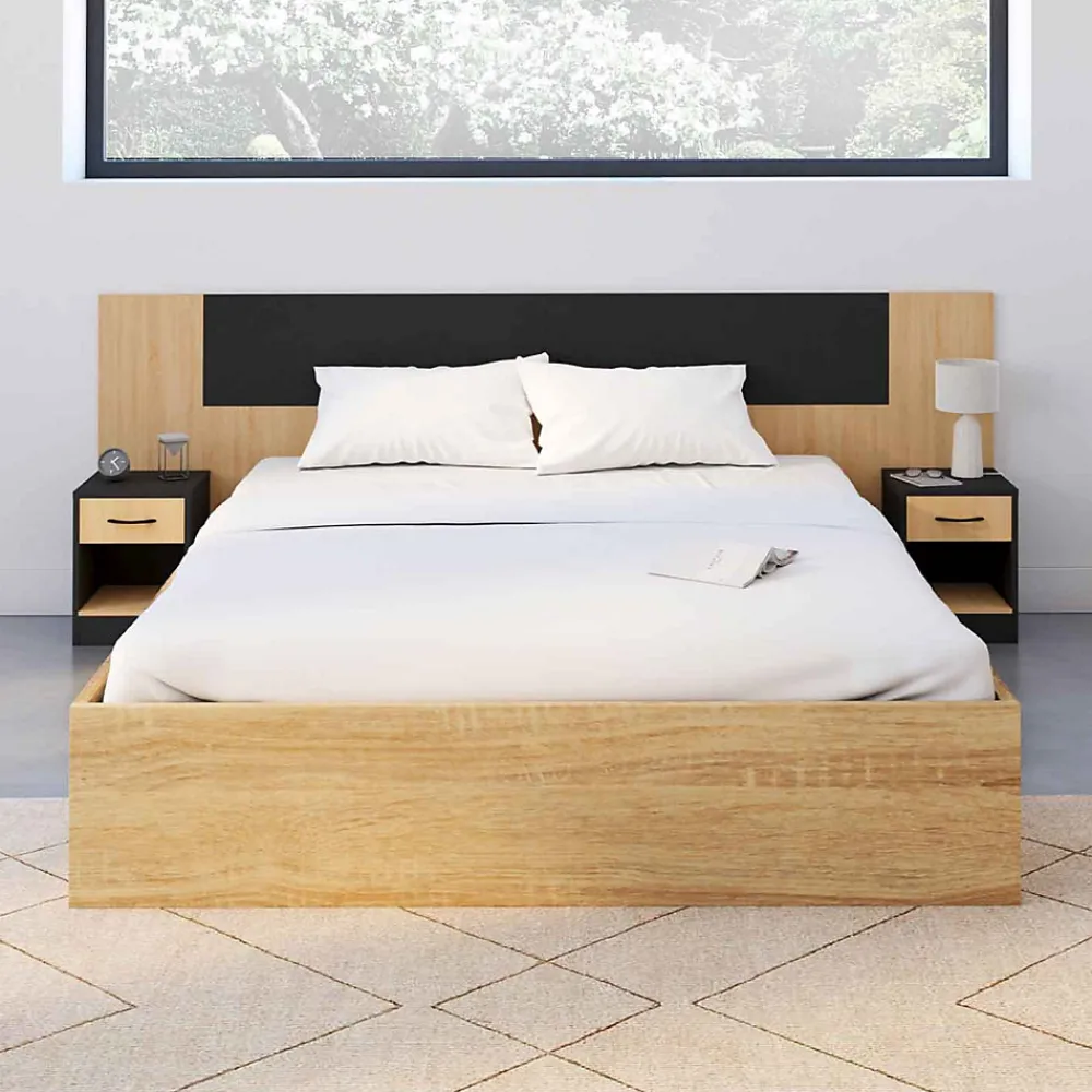 IDMarket Tête de lit sur pied avec chevets modulables SAPA pour lit 140, 160 ou 180 cm bois et noir* Tête De Lit