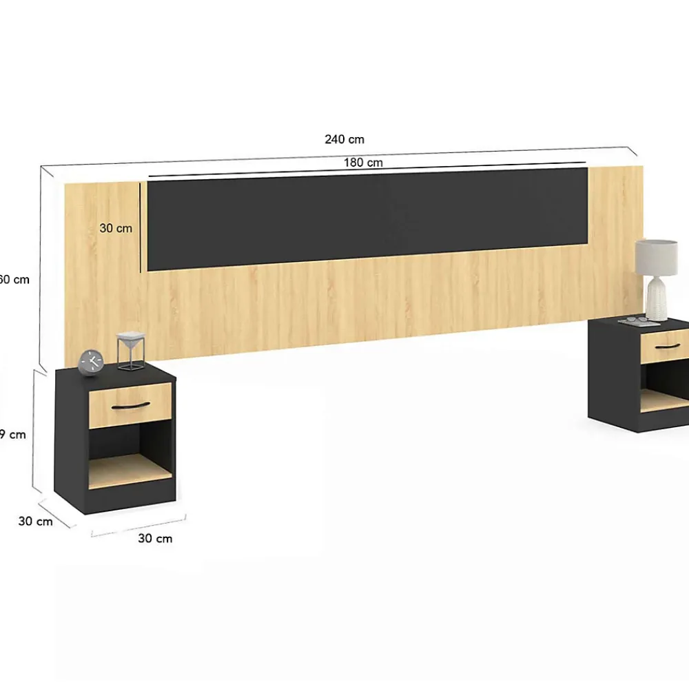 IDMarket Tête de lit sur pied avec chevets modulables SAPA pour lit 140, 160 ou 180 cm bois et noir* Tête De Lit