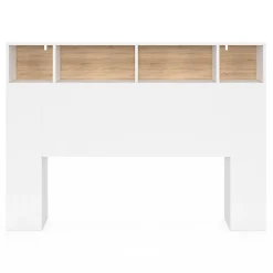 Tête de lit sur pied CLEO 145 cm avec rangements fermés et niches blanc et façon hêtre><noscript><img width=