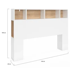 Tête de lit sur pied CLEO 145 cm avec rangements fermés et niches blanc et façon hêtre><noscript><img width=