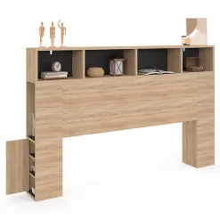 IDMarket Tête de lit sur pied CLEO 165 cm avec rangements fermés et niches façon hêtre et noir* Tête De Lit