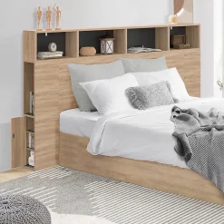 IDMarket Tête de lit sur pied CLEO 165 cm avec rangements fermés et niches façon hêtre et noir* Tête De Lit